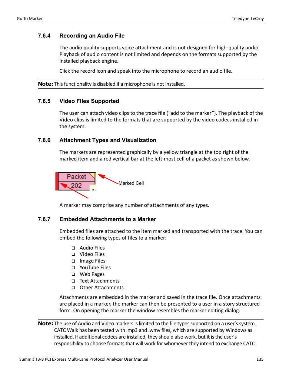 4 recording an audio file, 5 video files supported, 6 attachment types and visualization | 7 embedded attachments to a marker | Teledyne LeCroy Summit T3-8 PCIe Multi-lane Protocol Analyzer User Manual User Manual | Page 147 / 266