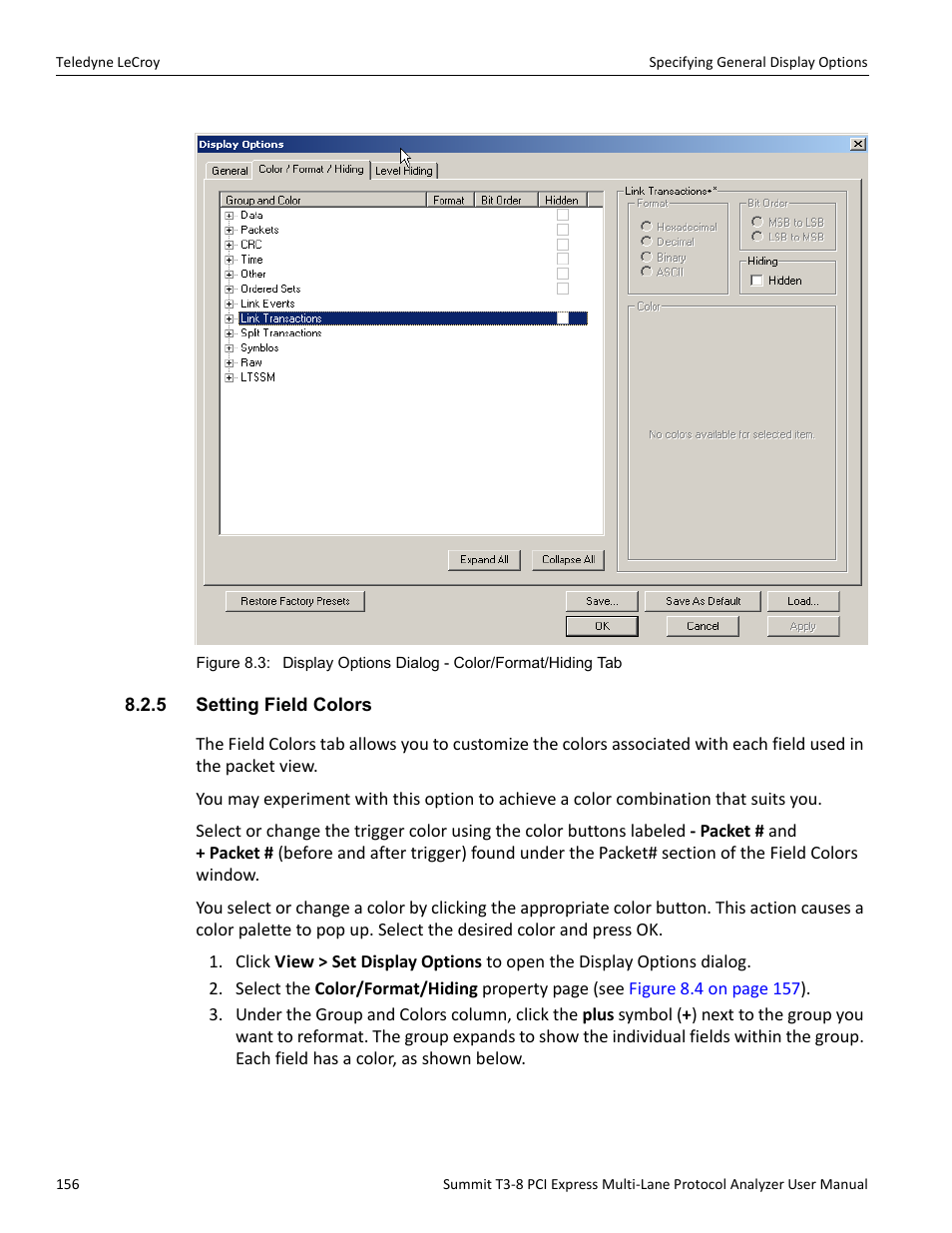 5 setting field colors | Teledyne LeCroy Summit T3-8 PCIe Multi-lane Protocol Analyzer User Manual User Manual | Page 168 / 266