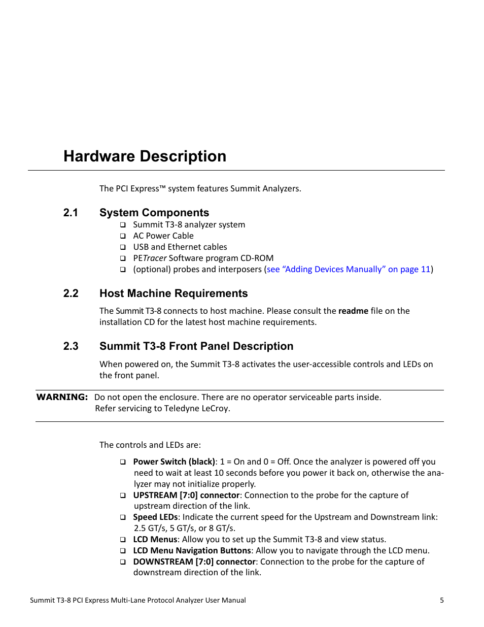 Hardware description, 1 system components, 2 host machine requirements | 3 summit t3-8 front panel description, Chapter 2: hardware description, Chapter 2 | Teledyne LeCroy Summit T3-8 PCIe Multi-lane Protocol Analyzer User Manual User Manual | Page 17 / 266
