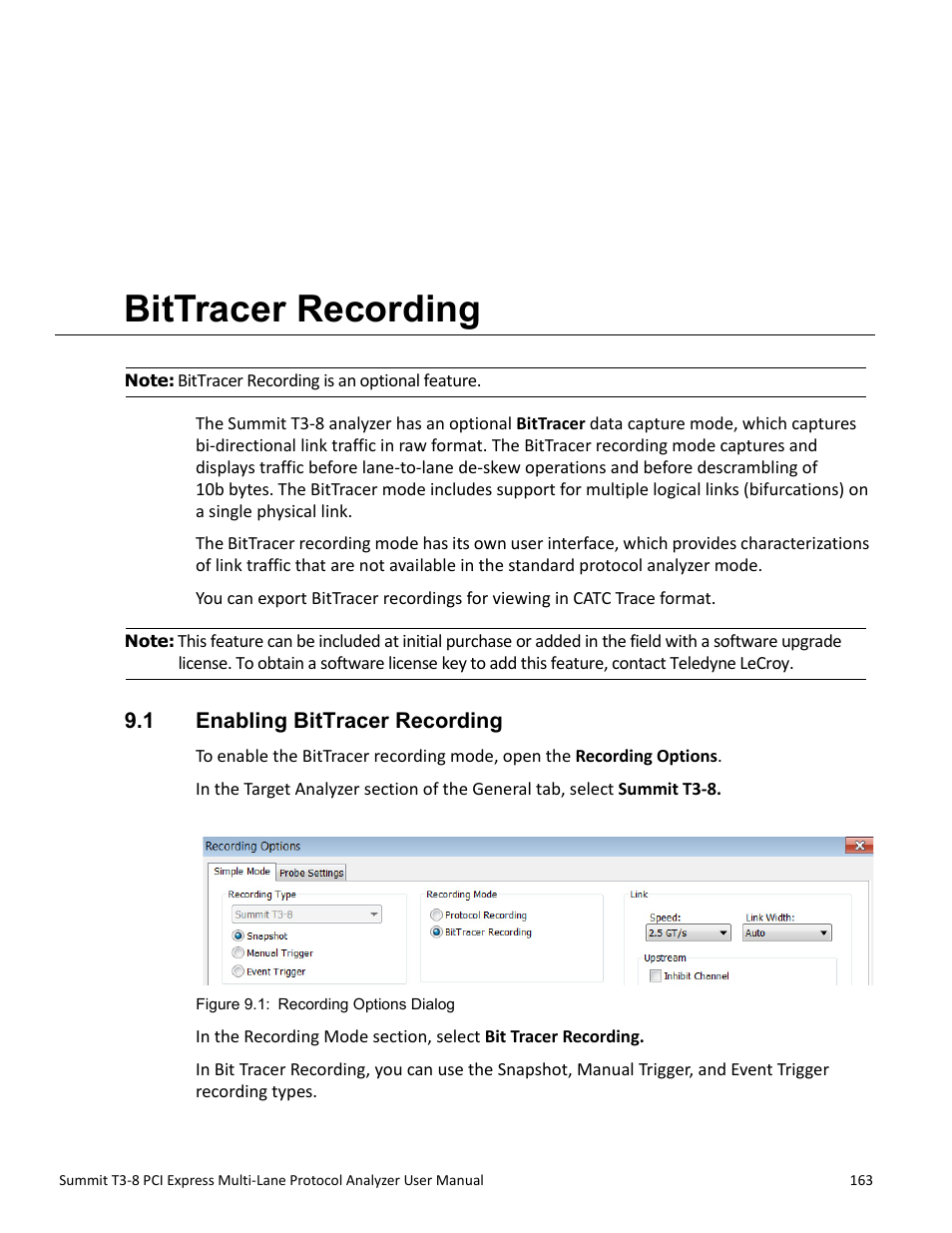 Bittracer recording, 1 enabling bittracer recording, Chapter 9: bittracer recording | Chapter 9 | Teledyne LeCroy Summit T3-8 PCIe Multi-lane Protocol Analyzer User Manual User Manual | Page 175 / 266