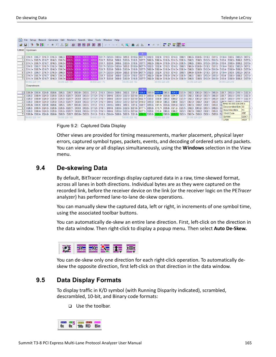 4 de-skewing data, 5 data display formats | Teledyne LeCroy Summit T3-8 PCIe Multi-lane Protocol Analyzer User Manual User Manual | Page 177 / 266