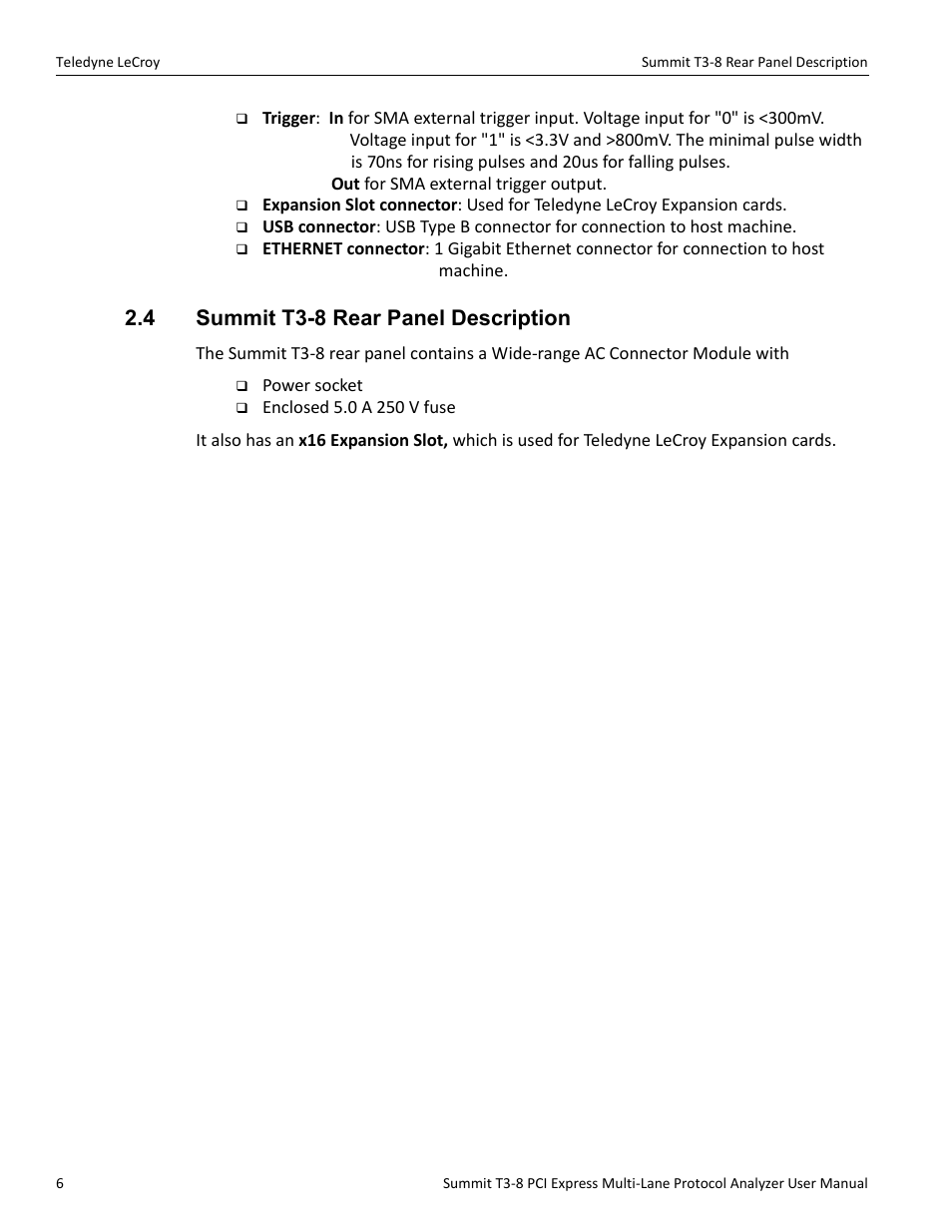 4 summit t3-8 rear panel description | Teledyne LeCroy Summit T3-8 PCIe Multi-lane Protocol Analyzer User Manual User Manual | Page 18 / 266