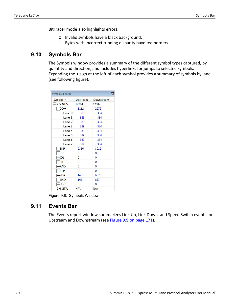 10 symbols bar, 11 events bar, 10 symbols bar 9.11 events bar | Teledyne LeCroy Summit T3-8 PCIe Multi-lane Protocol Analyzer User Manual User Manual | Page 182 / 266