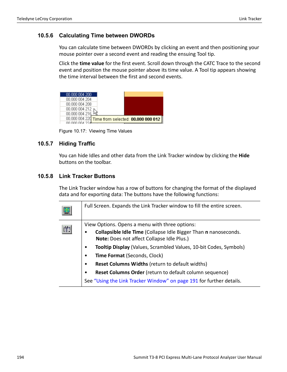 6 calculating time between dwords, 7 hiding traffic, 8 link tracker buttons | Teledyne LeCroy Summit T3-8 PCIe Multi-lane Protocol Analyzer User Manual User Manual | Page 206 / 266