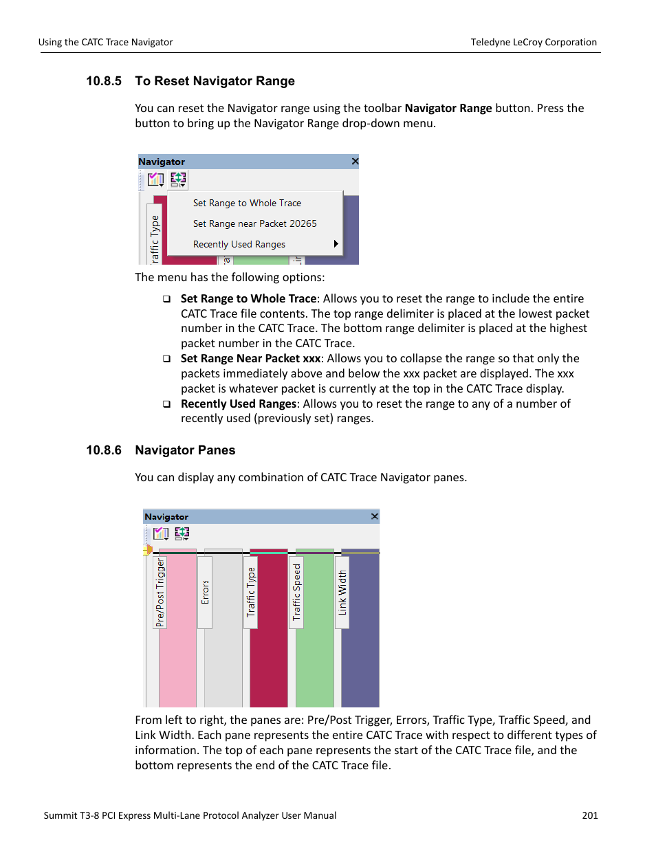 5 to reset navigator range, 6 navigator panes, 5 to reset navigator range 10.8.6 navigator panes | Teledyne LeCroy Summit T3-8 PCIe Multi-lane Protocol Analyzer User Manual User Manual | Page 213 / 266