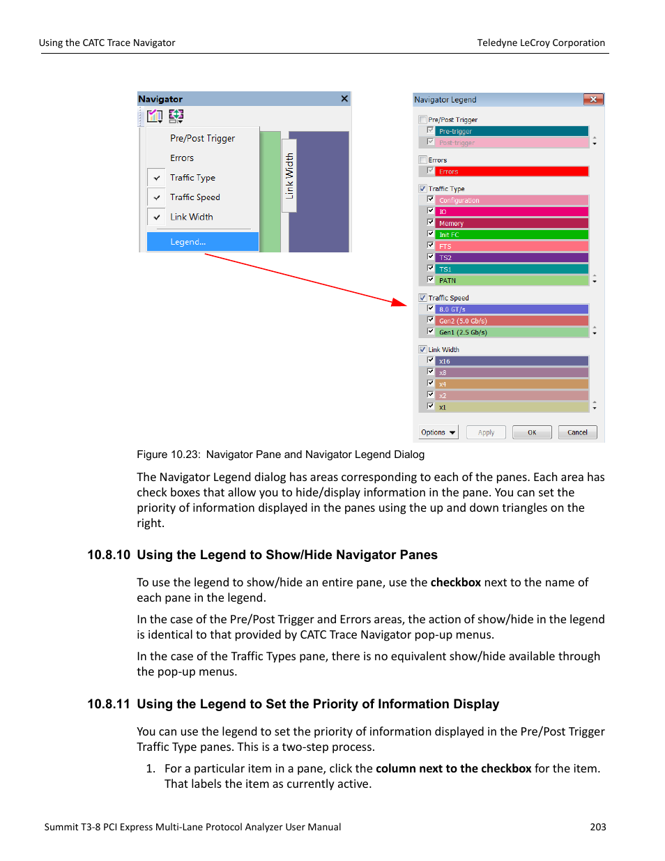 10 using the legend to show/hide navigator panes | Teledyne LeCroy Summit T3-8 PCIe Multi-lane Protocol Analyzer User Manual User Manual | Page 215 / 266