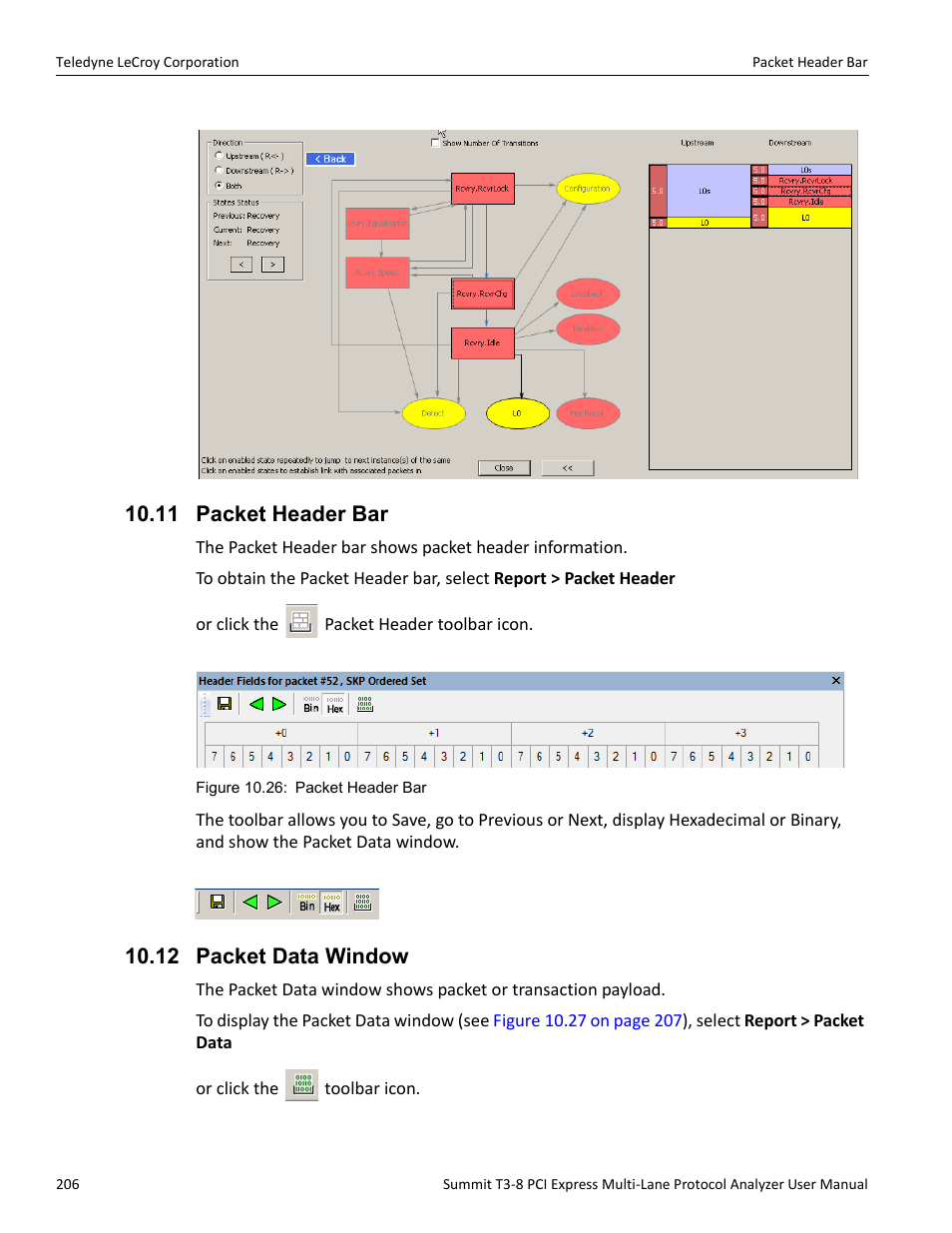 11 packet header bar, 12 packet data window, 11 packet header bar 10.12 packet data window | Teledyne LeCroy Summit T3-8 PCIe Multi-lane Protocol Analyzer User Manual User Manual | Page 218 / 266