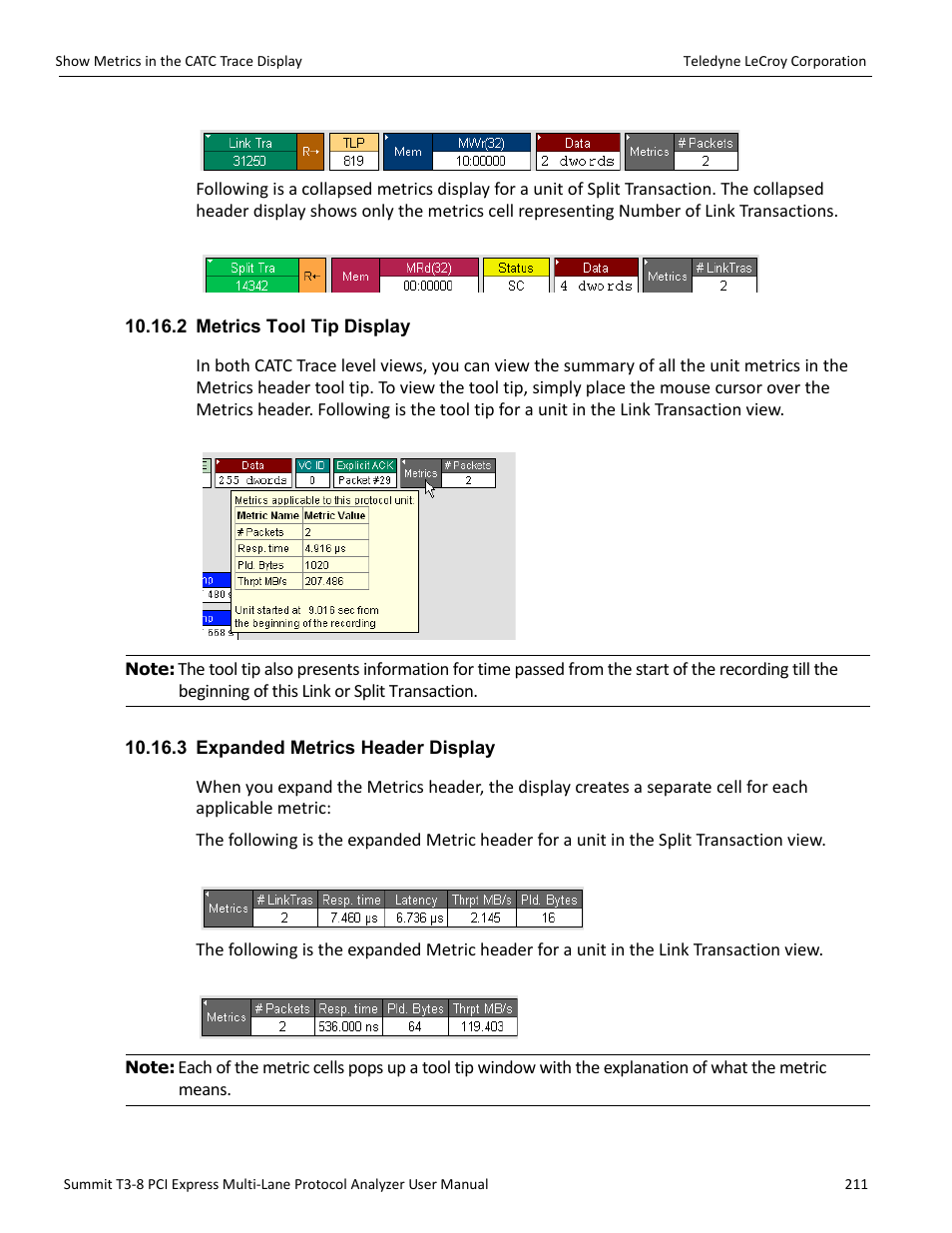 2 metrics tool tip display, 3 expanded metrics header display | Teledyne LeCroy Summit T3-8 PCIe Multi-lane Protocol Analyzer User Manual User Manual | Page 223 / 266