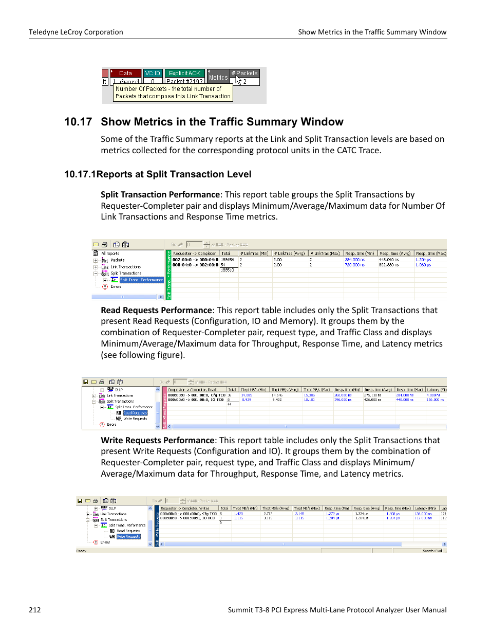 17 show metrics in the traffic summary window, 1 reports at split transaction level | Teledyne LeCroy Summit T3-8 PCIe Multi-lane Protocol Analyzer User Manual User Manual | Page 224 / 266