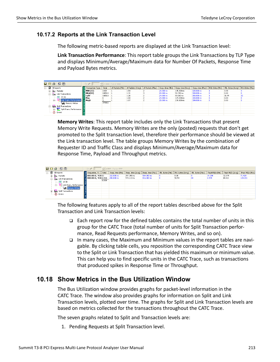 2 reports at the link transaction level, 18 show metrics in the bus utilization window | Teledyne LeCroy Summit T3-8 PCIe Multi-lane Protocol Analyzer User Manual User Manual | Page 225 / 266