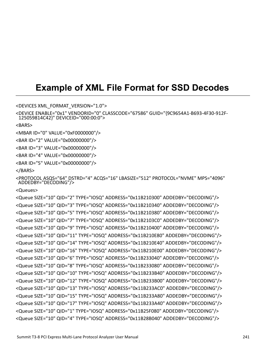 Example of xml file format for ssd decodes, Appendix b | Teledyne LeCroy Summit T3-8 PCIe Multi-lane Protocol Analyzer User Manual User Manual | Page 253 / 266