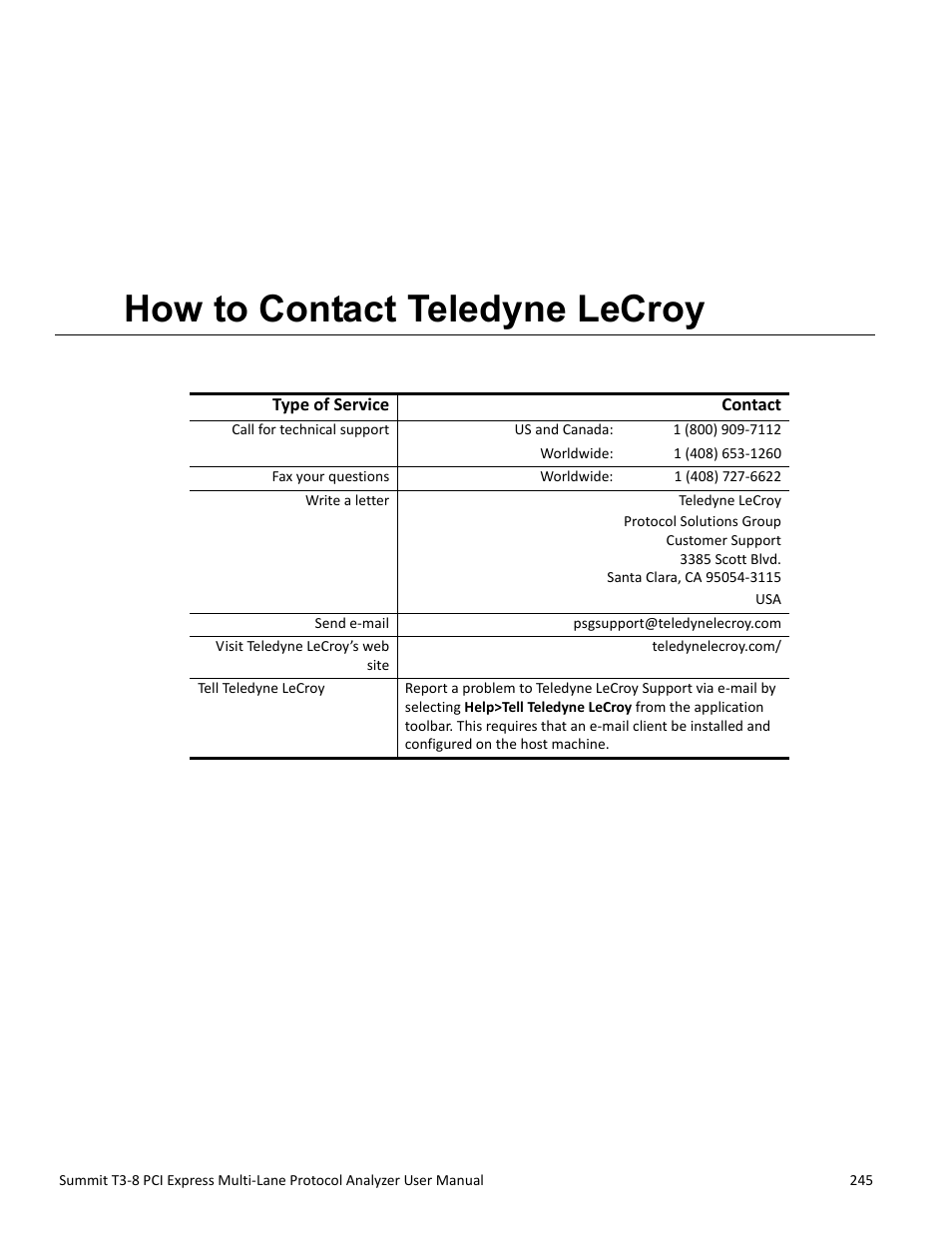 How to contact teledyne lecroy, Appendix d: how to contact teledyne lecroy, Appendix d | Teledyne LeCroy Summit T3-8 PCIe Multi-lane Protocol Analyzer User Manual User Manual | Page 257 / 266