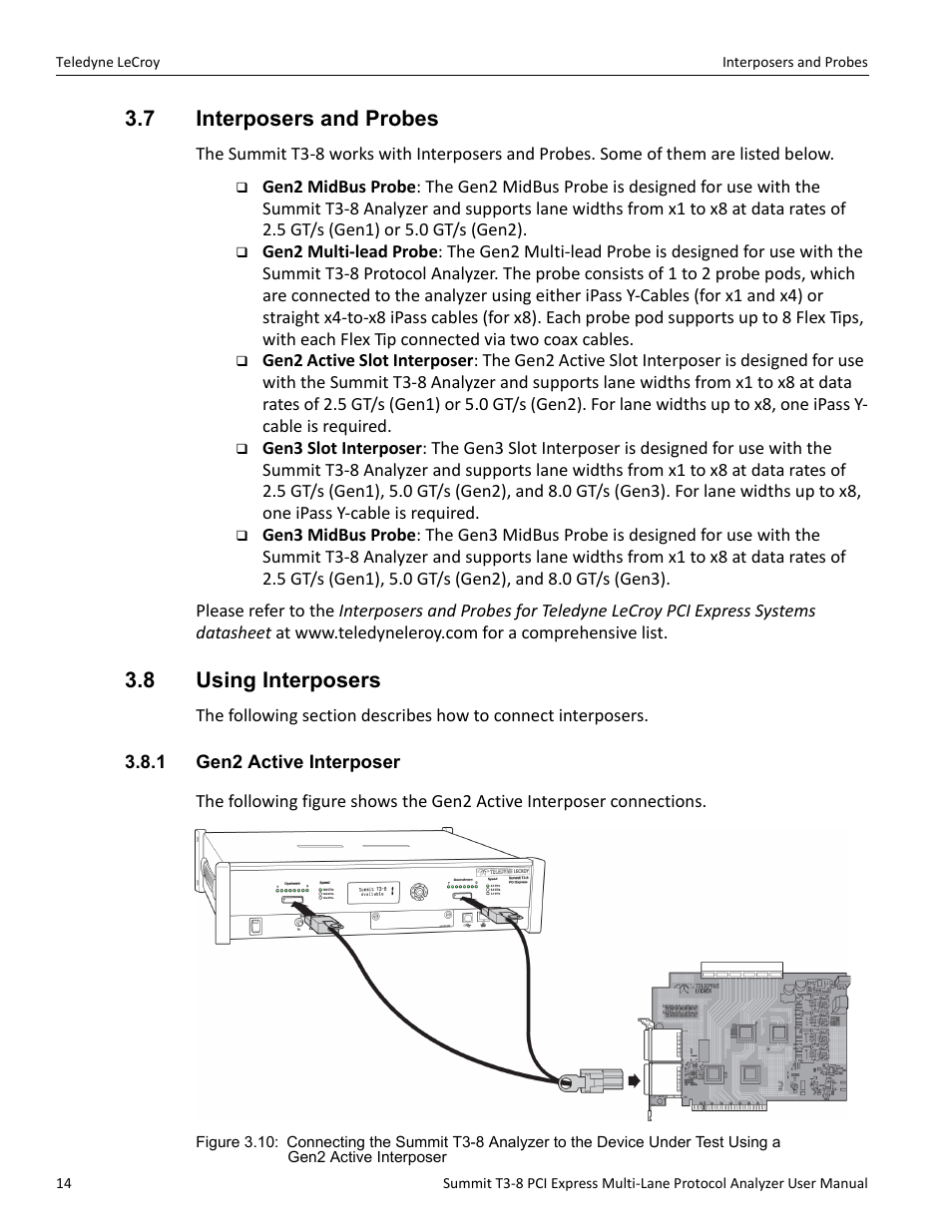 7 interposers and probes, 8 using interposers, 1 gen2 active interposer | 7 interposers and probes 3.8 using interposers | Teledyne LeCroy Summit T3-8 PCIe Multi-lane Protocol Analyzer User Manual User Manual | Page 26 / 266