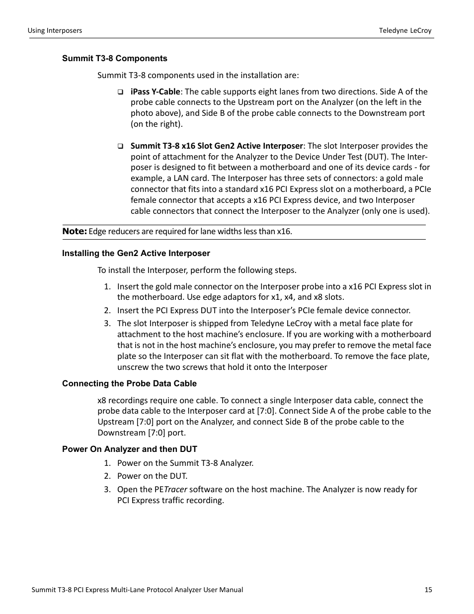 Summit t3-8 components, Installing the gen2 active interposer, Connecting the probe data cable | Power on analyzer and then dut | Teledyne LeCroy Summit T3-8 PCIe Multi-lane Protocol Analyzer User Manual User Manual | Page 27 / 266
