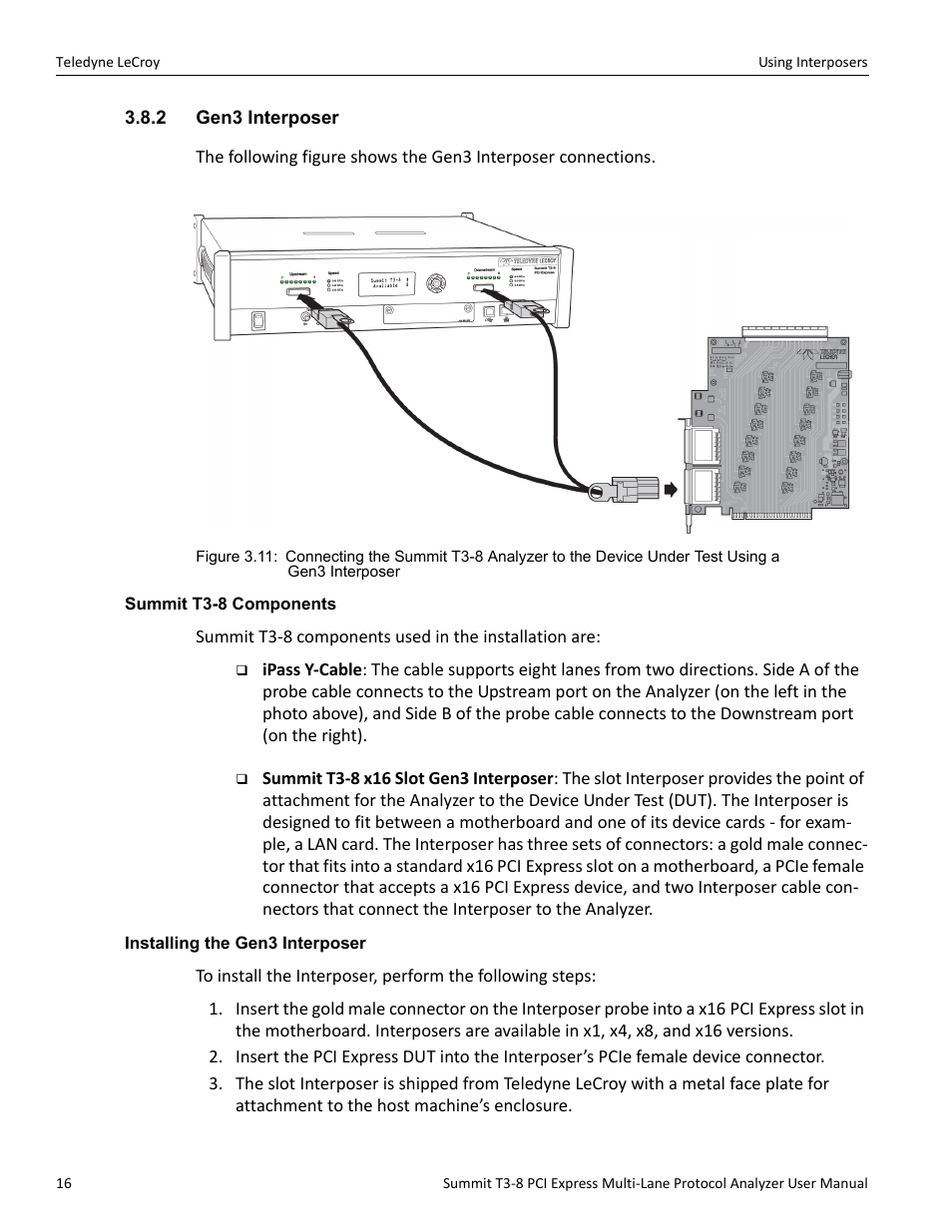 2 gen3 interposer, Summit t3-8 components, Installing the gen3 interposer | Teledyne LeCroy Summit T3-8 PCIe Multi-lane Protocol Analyzer User Manual User Manual | Page 28 / 266