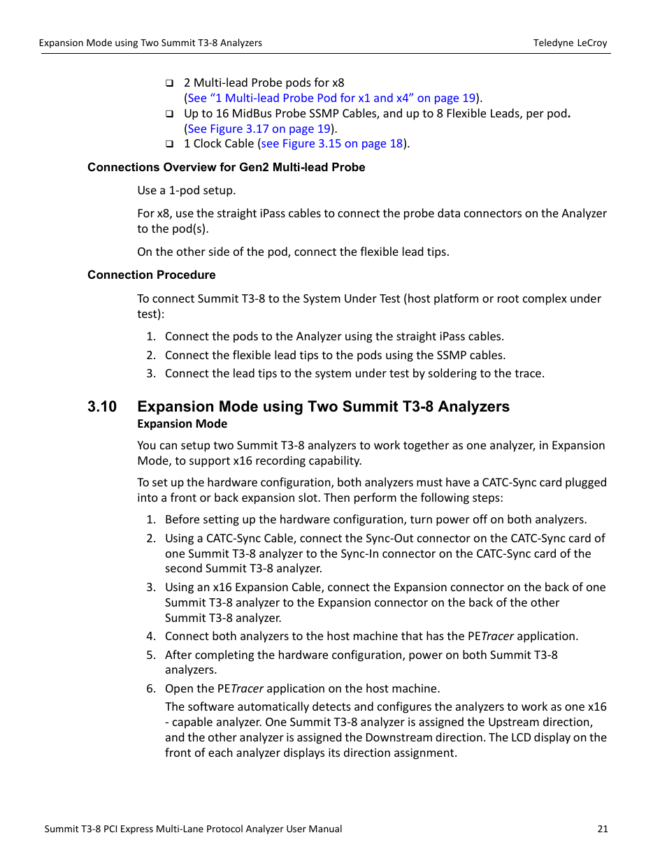 Connections overview for gen2 multi-lead probe, Connection procedure, 10 expansion mode using two summit t3-8 analyzers | 4 expansion mode using two summit t3-8 analyzers | Teledyne LeCroy Summit T3-8 PCIe Multi-lane Protocol Analyzer User Manual User Manual | Page 33 / 266