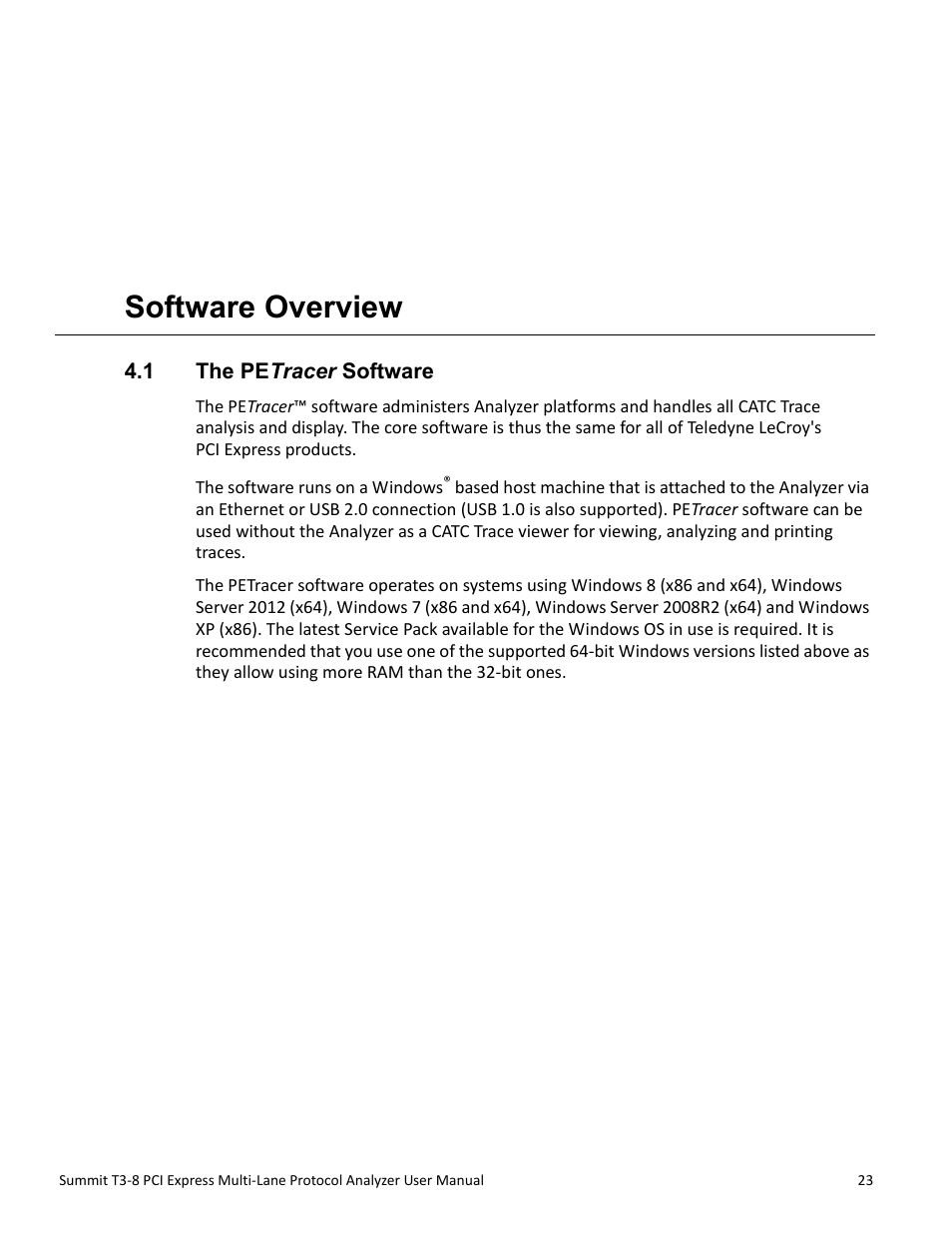 Software overview, 1 the petracer software, Chapter 4: software overview | Chapter 4 | Teledyne LeCroy Summit T3-8 PCIe Multi-lane Protocol Analyzer User Manual User Manual | Page 35 / 266