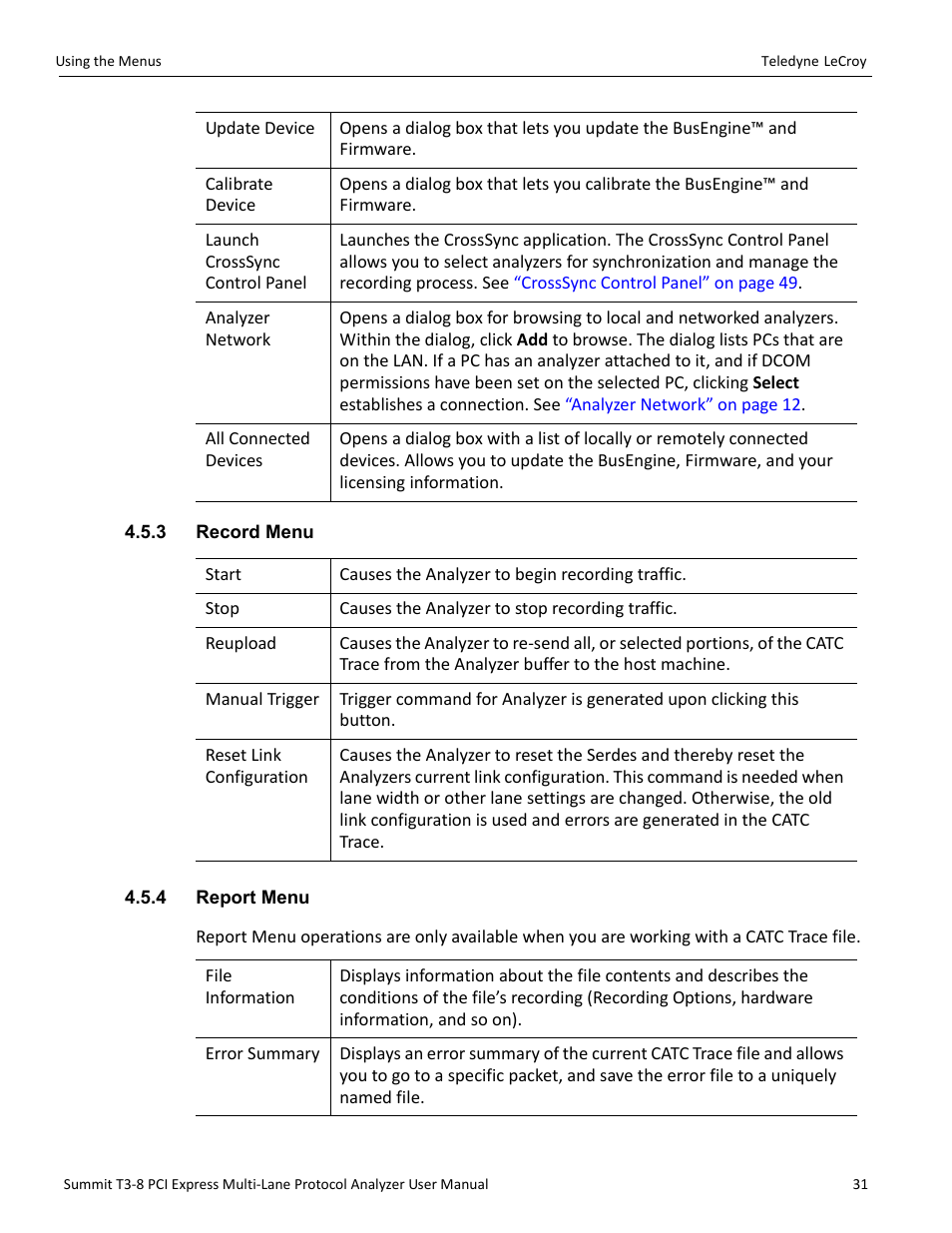 3 record menu, 4 report menu, 3 record menu 4.5.4 report menu | Teledyne LeCroy Summit T3-8 PCIe Multi-lane Protocol Analyzer User Manual User Manual | Page 43 / 266