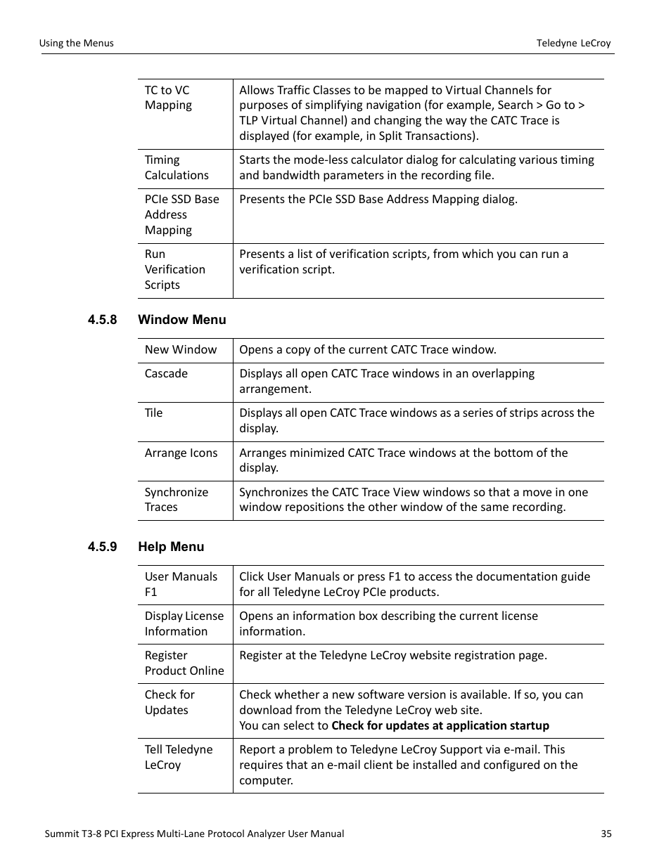 8 window menu, 9 help menu, 8 window menu 4.5.9 help menu | Teledyne LeCroy Summit T3-8 PCIe Multi-lane Protocol Analyzer User Manual User Manual | Page 47 / 266