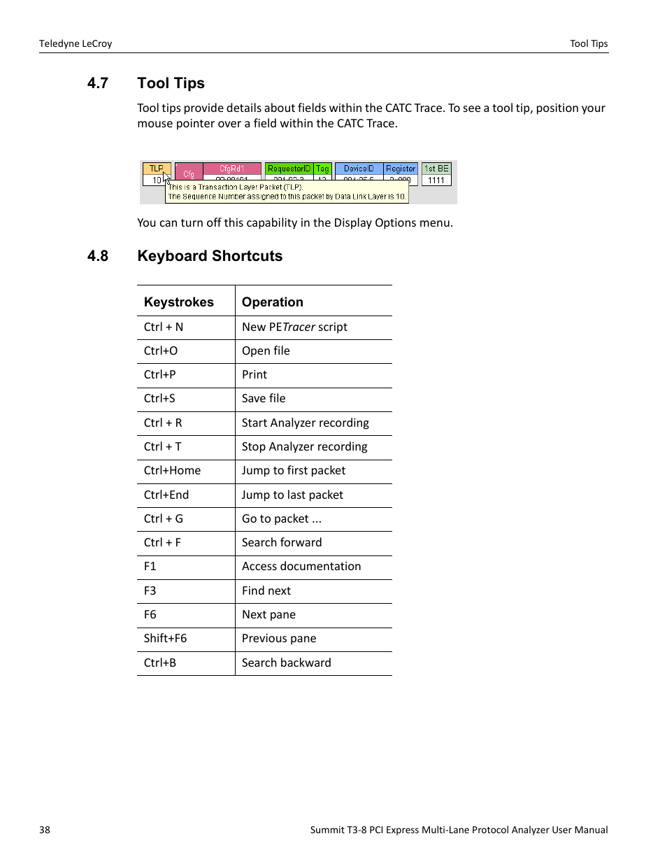 7 tool tips, 8 keyboard shortcuts, 7 tool tips 4.8 keyboard shortcuts | Teledyne LeCroy Summit T3-8 PCIe Multi-lane Protocol Analyzer User Manual User Manual | Page 50 / 266