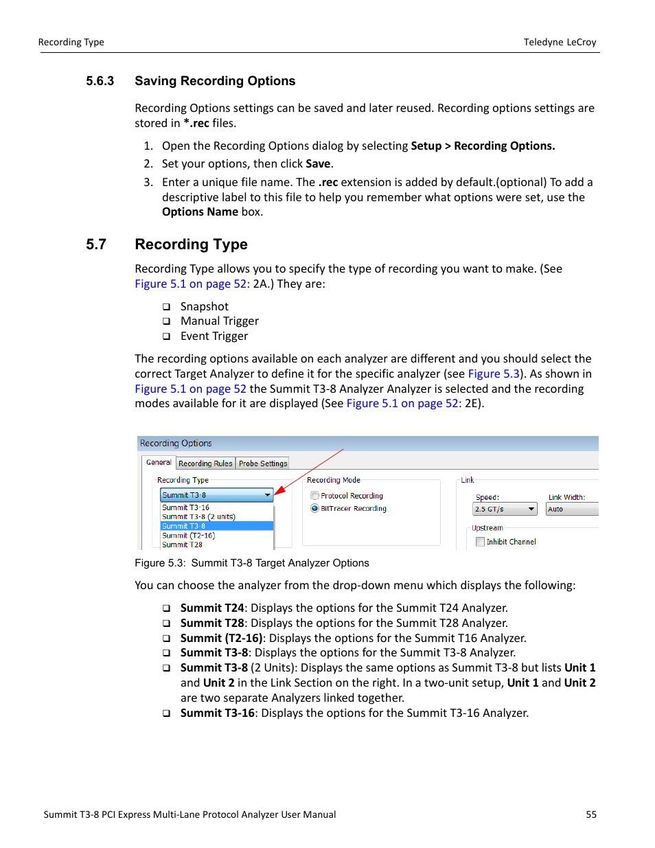 3 saving recording options, 7 recording type | Teledyne LeCroy Summit T3-8 PCIe Multi-lane Protocol Analyzer User Manual User Manual | Page 67 / 266