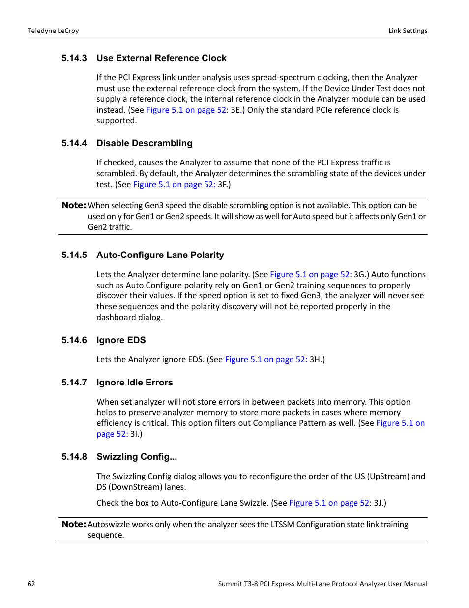 3 use external reference clock, 4 disable descrambling, 5 auto-configure lane polarity | 6 ignore eds, 7 ignore idle errors, 8 swizzling config | Teledyne LeCroy Summit T3-8 PCIe Multi-lane Protocol Analyzer User Manual User Manual | Page 74 / 266