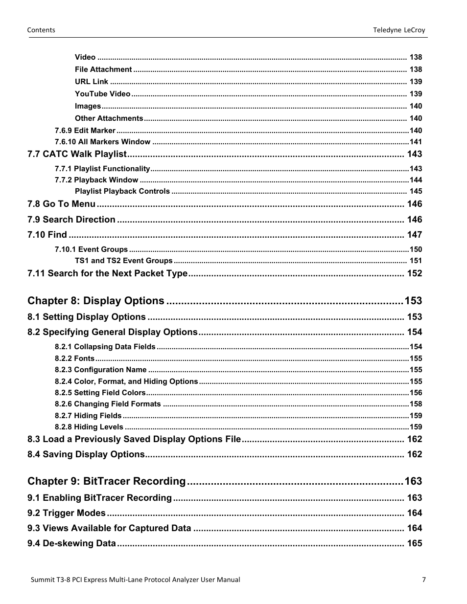 Chapter 8: display options, Chapter 9: bittracer recording | Teledyne LeCroy Summit T3-8 PCIe Multi-lane Protocol Analyzer User Manual User Manual | Page 9 / 266