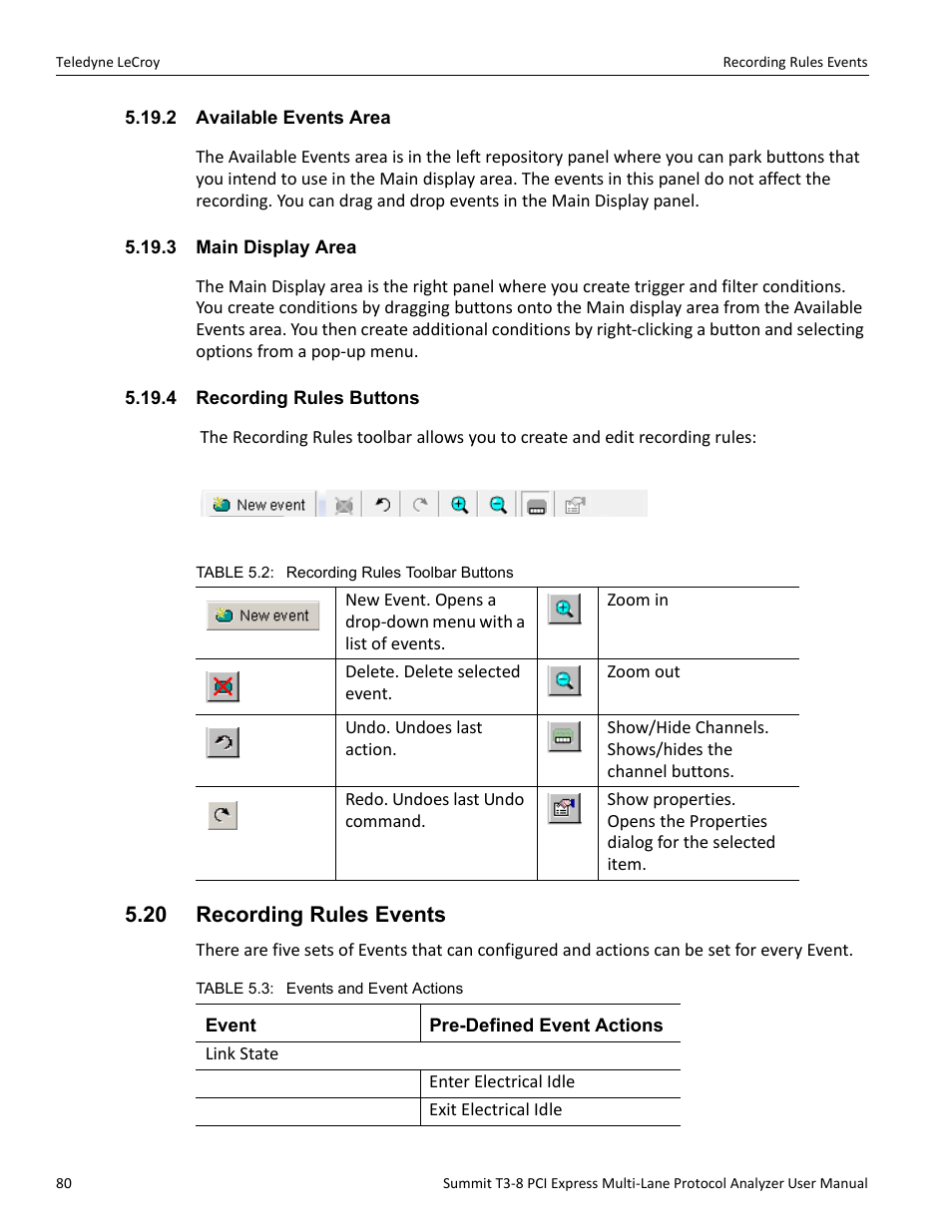 2 available events area, 3 main display area, 4 recording rules buttons | 20 recording rules events | Teledyne LeCroy Summit T3-8 PCIe Multi-lane Protocol Analyzer User Manual User Manual | Page 92 / 266