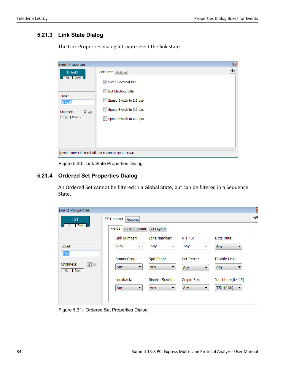 3 link state dialog, 4 ordered set properties dialog | Teledyne LeCroy Summit T3-8 PCIe Multi-lane Protocol Analyzer User Manual User Manual | Page 96 / 266