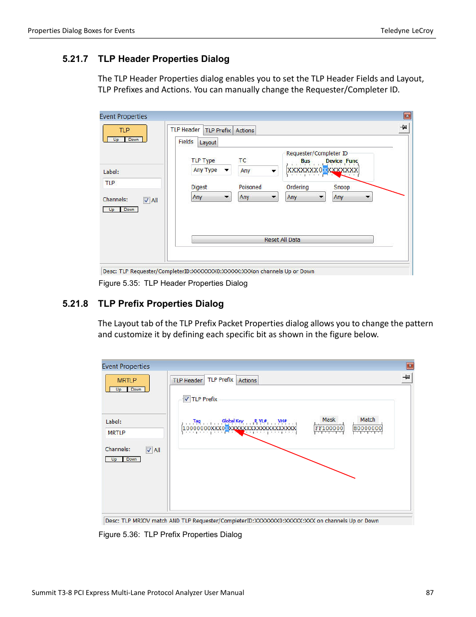 7 tlp header properties dialog, 8 tlp prefix properties dialog | Teledyne LeCroy Summit T3-8 PCIe Multi-lane Protocol Analyzer User Manual User Manual | Page 99 / 266
