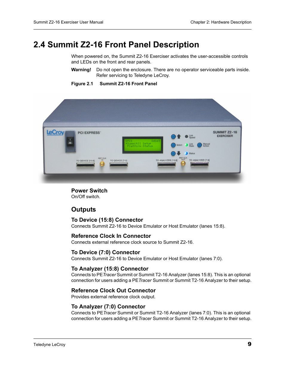 4 summit z2-16 front panel description, Outputs | Teledyne LeCroy Summit Z2-16 PCI Express Multi-lane Exerciser User Manual User Manual | Page 13 / 84