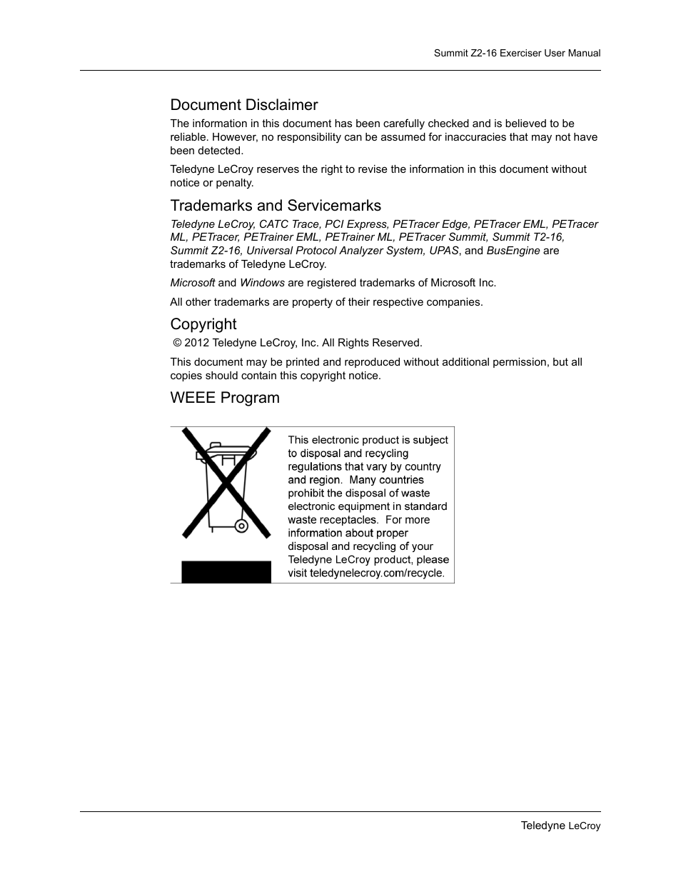 Document disclaimer, Trademarks and servicemarks, Copyright | Weee program | Teledyne LeCroy Summit Z2-16 PCI Express Multi-lane Exerciser User Manual User Manual | Page 2 / 84