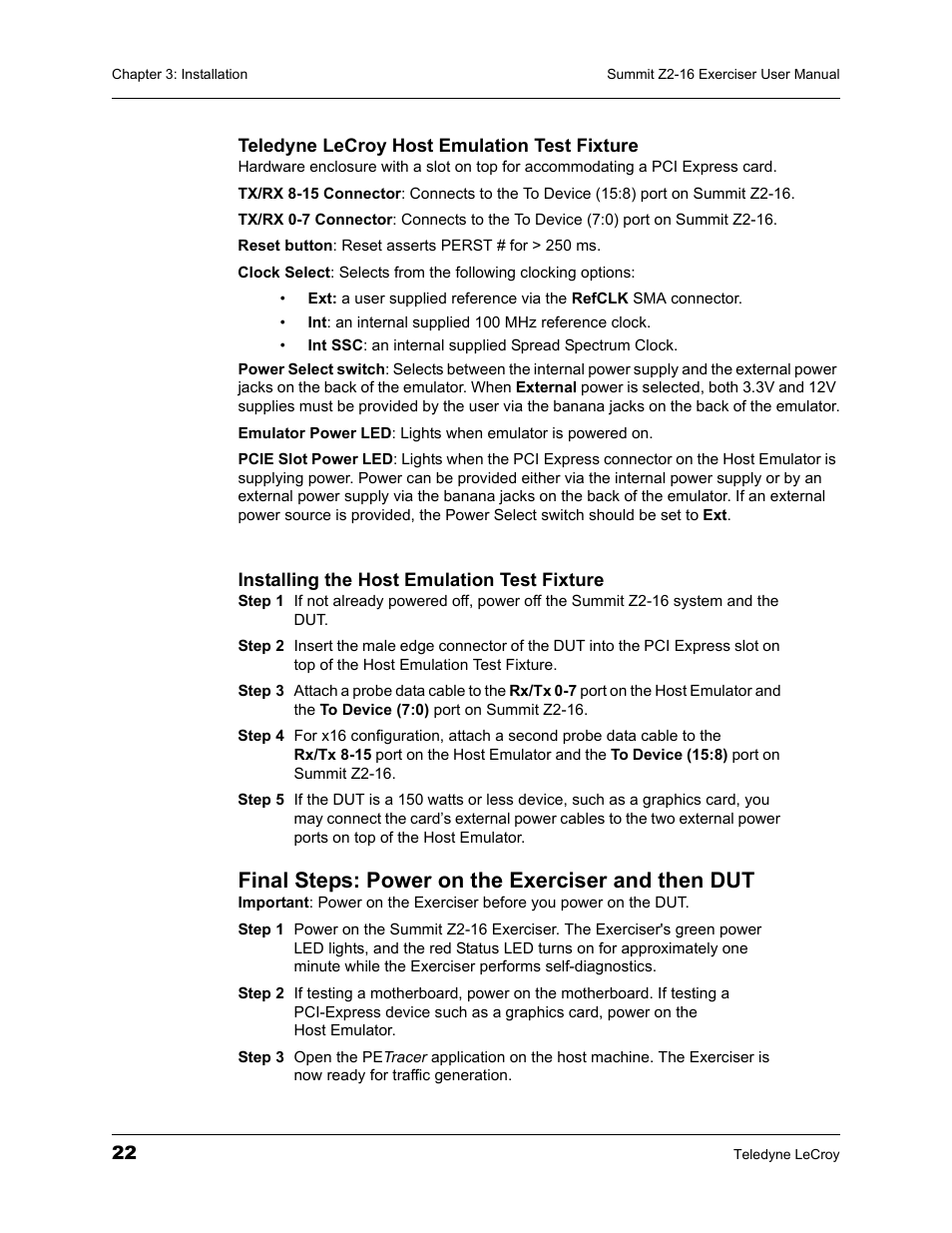 Final steps: power on the exerciser and then dut | Teledyne LeCroy Summit Z2-16 PCI Express Multi-lane Exerciser User Manual User Manual | Page 26 / 84