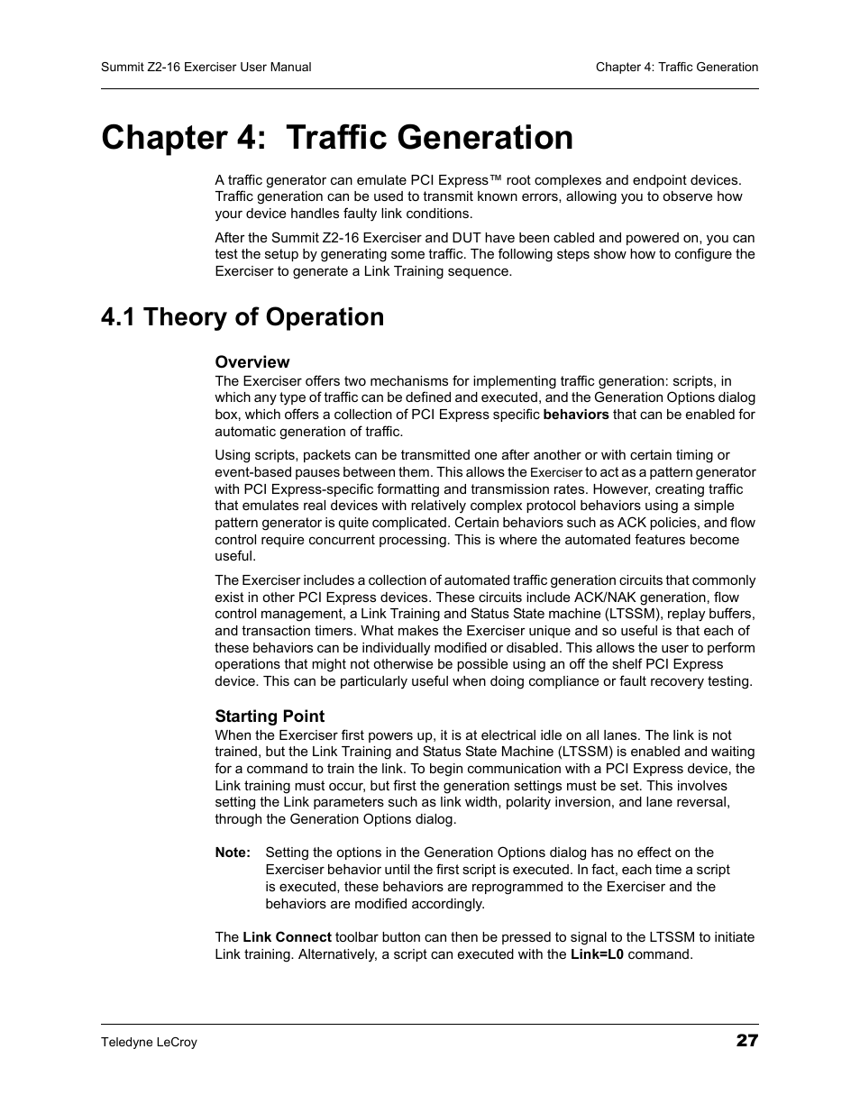 Chapter 4: traffic generation, 1 theory of operation, Chapter 4 | Traffic generation | Teledyne LeCroy Summit Z2-16 PCI Express Multi-lane Exerciser User Manual User Manual | Page 31 / 84
