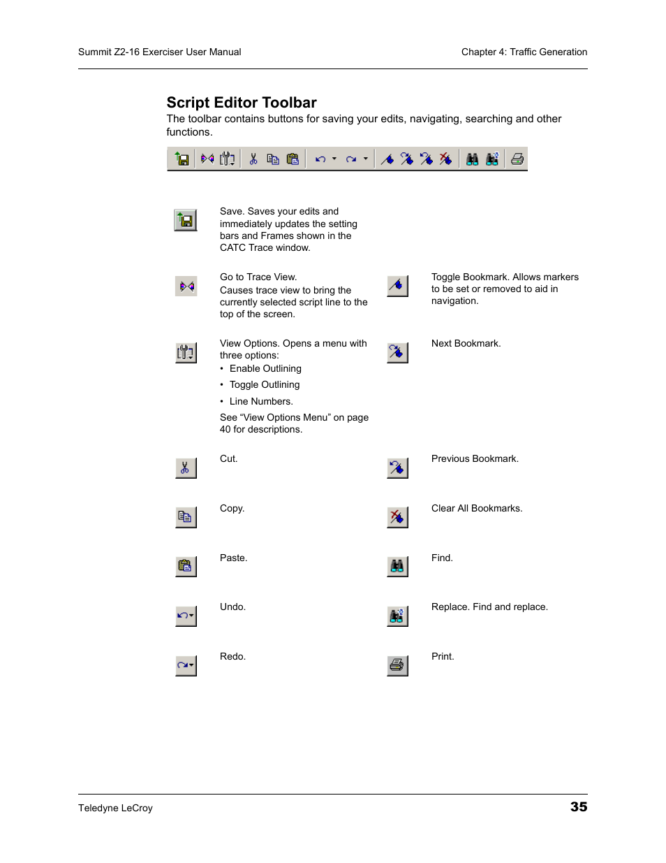 Script editor toolbar | Teledyne LeCroy Summit Z2-16 PCI Express Multi-lane Exerciser User Manual User Manual | Page 39 / 84