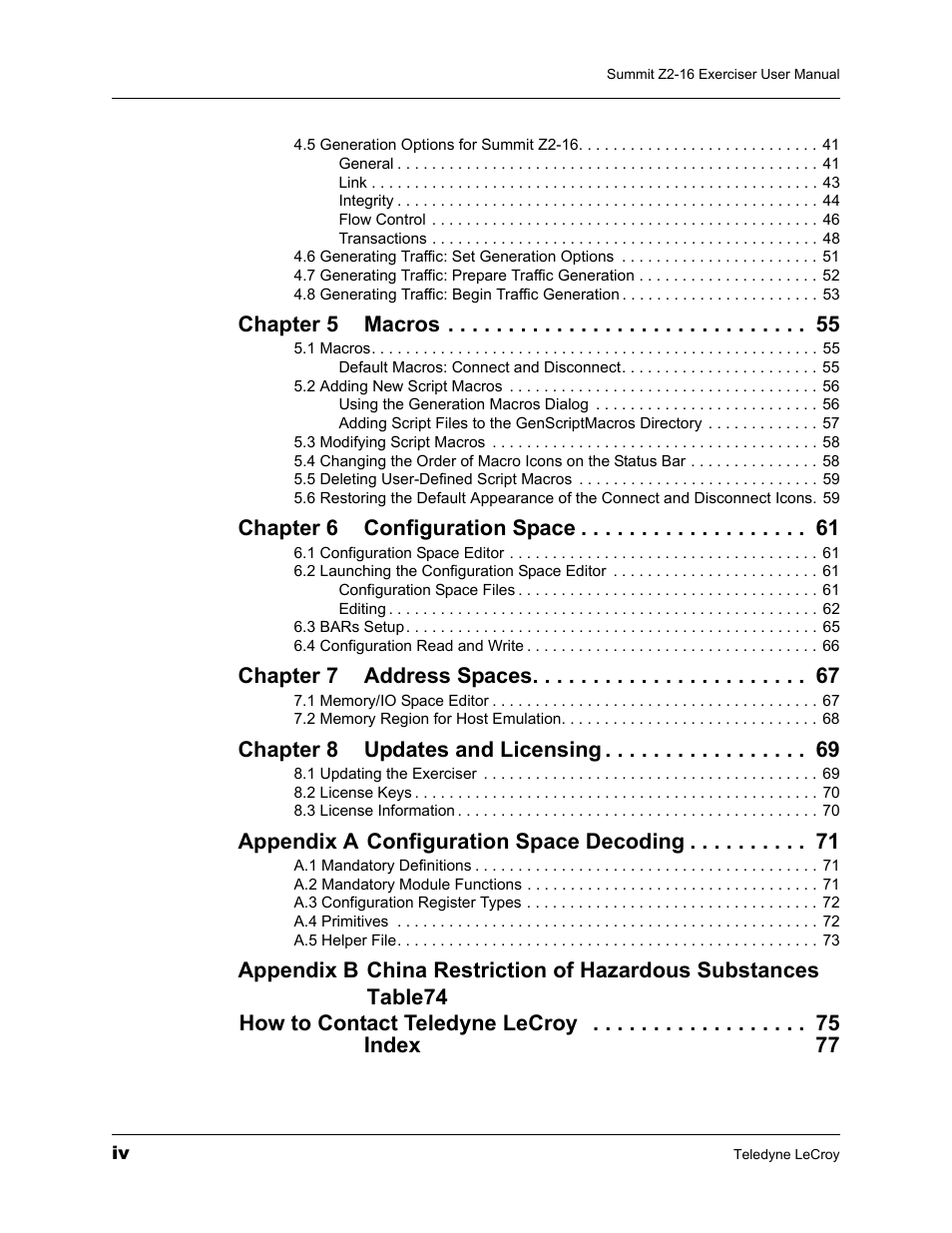 Chapter 5 macros, Chapter 6 configuration space, Chapter 7 address spaces | Chapter 8 updates and licensing, Appendix a configuration space decoding | Teledyne LeCroy Summit Z2-16 PCI Express Multi-lane Exerciser User Manual User Manual | Page 4 / 84