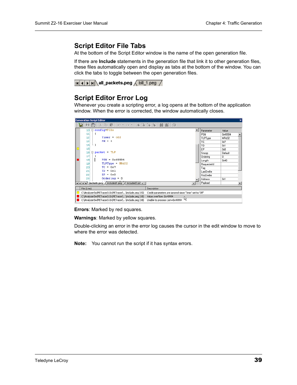 Script editor file tabs, Script editor error log, Script editor file tabs script editor error log | Teledyne LeCroy Summit Z2-16 PCI Express Multi-lane Exerciser User Manual User Manual | Page 43 / 84