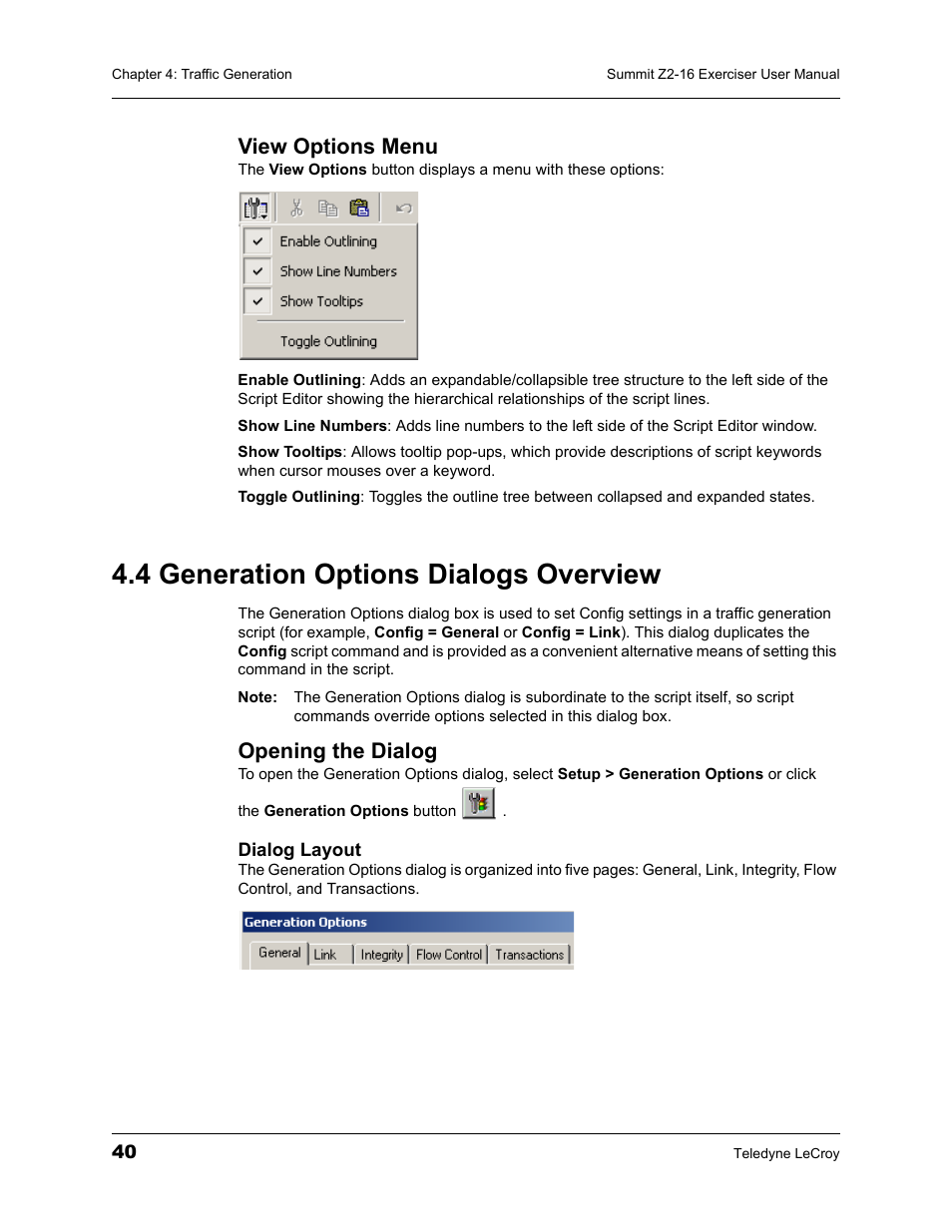 View options menu, 4 generation options dialogs overview, Opening the dialog | Teledyne LeCroy Summit Z2-16 PCI Express Multi-lane Exerciser User Manual User Manual | Page 44 / 84