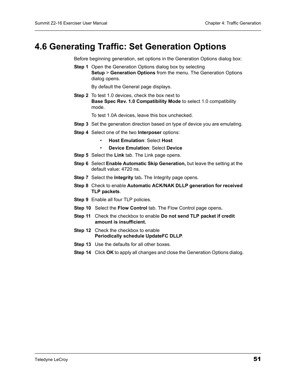 6 generating traffic: set generation options | Teledyne LeCroy Summit Z2-16 PCI Express Multi-lane Exerciser User Manual User Manual | Page 55 / 84
