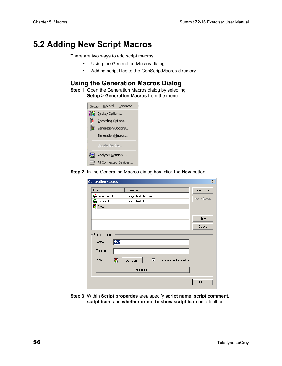 2 adding new script macros, Using the generation macros dialog | Teledyne LeCroy Summit Z2-16 PCI Express Multi-lane Exerciser User Manual User Manual | Page 60 / 84