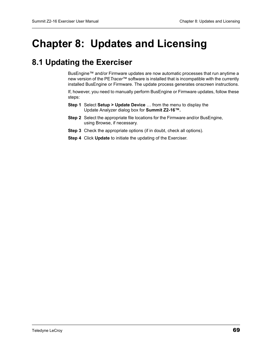 Chapter 8: updates and licensing, 1 updating the exerciser, Chapter 8 | Updates and licensing | Teledyne LeCroy Summit Z2-16 PCI Express Multi-lane Exerciser User Manual User Manual | Page 73 / 84