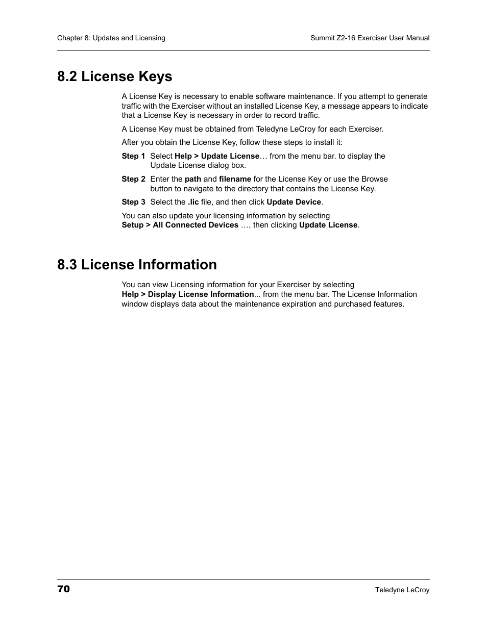 2 license keys, 3 license information, 2 license keys 8.3 license information | Teledyne LeCroy Summit Z2-16 PCI Express Multi-lane Exerciser User Manual User Manual | Page 74 / 84