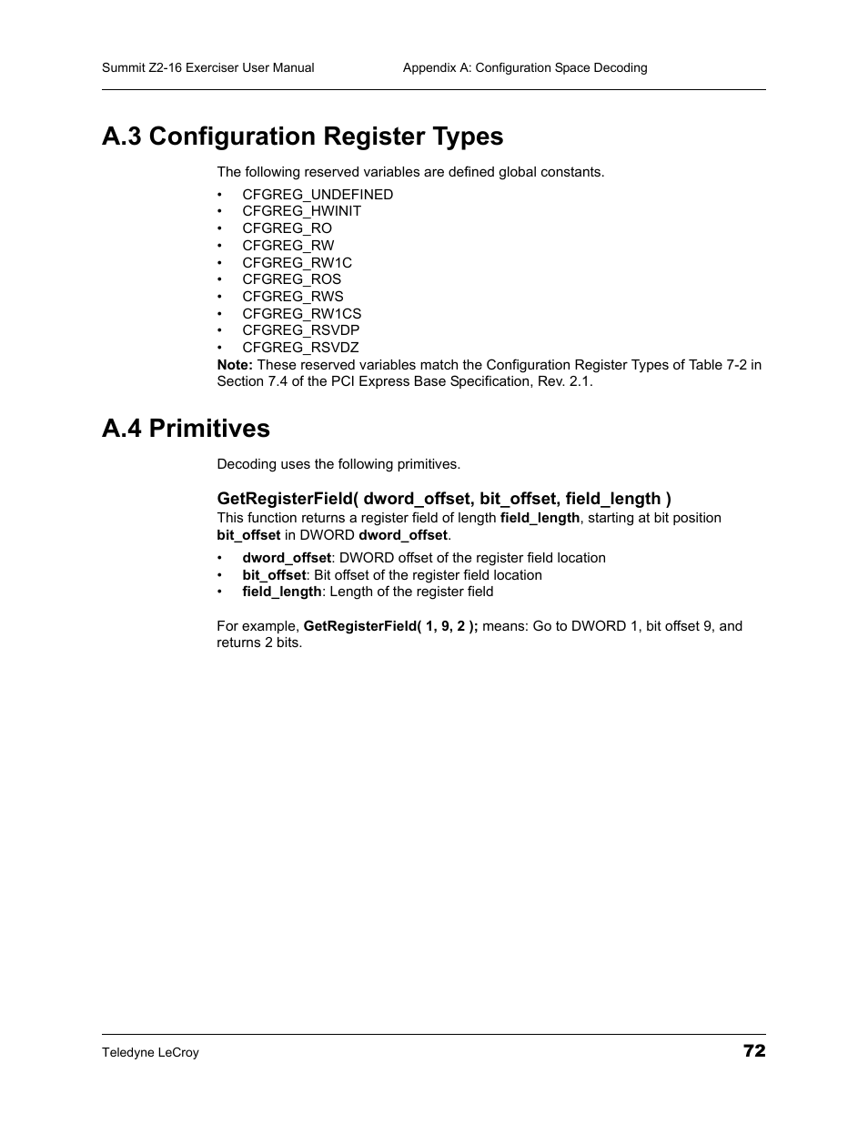 A.3 configuration register types, A.4 primitives, A.3 configuration register types a.4 primitives | Teledyne LeCroy Summit Z2-16 PCI Express Multi-lane Exerciser User Manual User Manual | Page 76 / 84