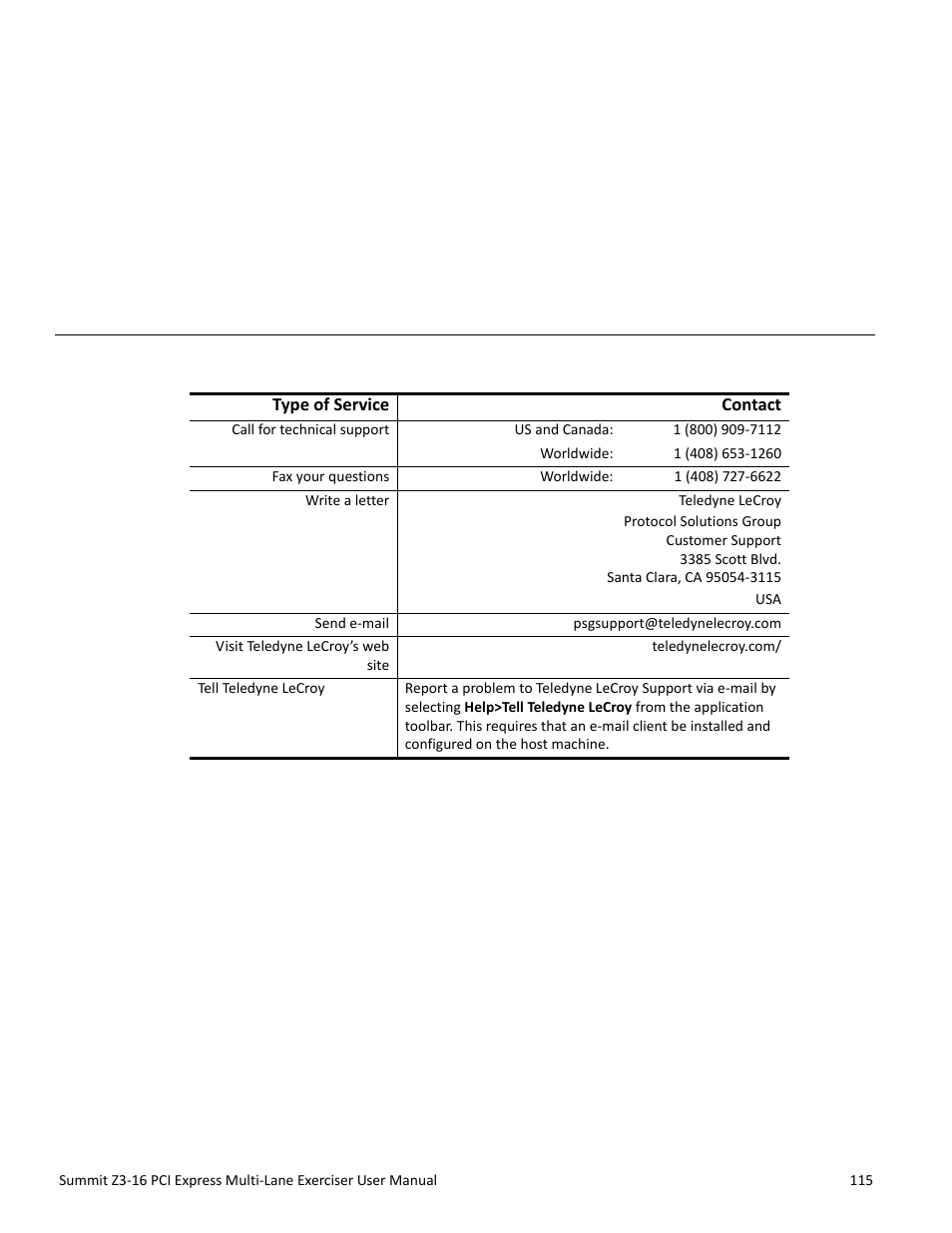 How to contact teledyne lecroy, Appendix d: how to contact teledyne lecroy, Appendix d | Teledyne LeCroy Summit Z3-16 PCI Express Multi-lane Exerciser User Manual User Manual | Page 115 / 118