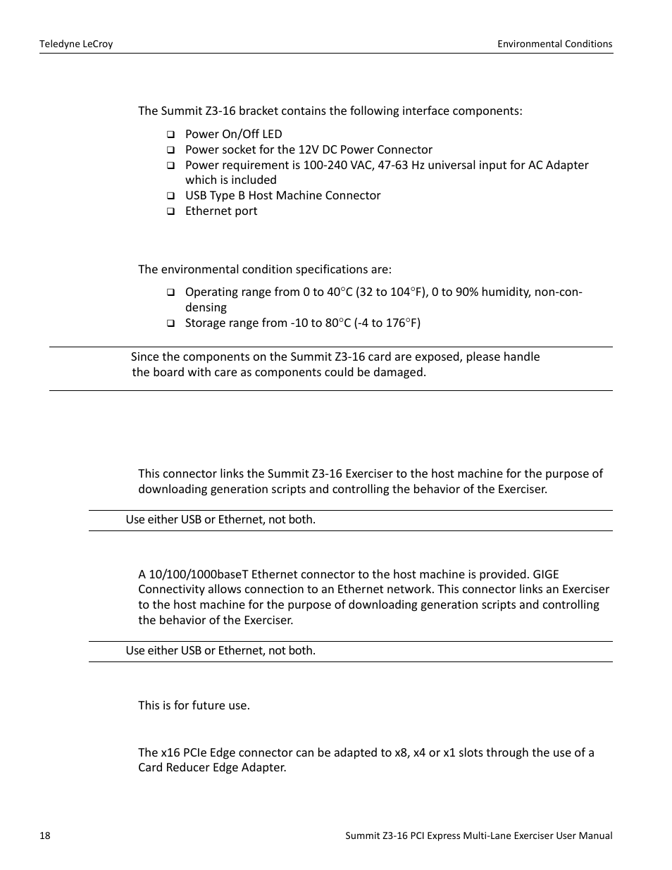 1 user interface on the summit z3-16 exerciser, 4 environmental conditions, 1 connectors | Usb type b host machine connector, Ethernet port, In/out connector, X16 pcie edge connector | Teledyne LeCroy Summit Z3-16 PCI Express Multi-lane Exerciser User Manual User Manual | Page 18 / 118