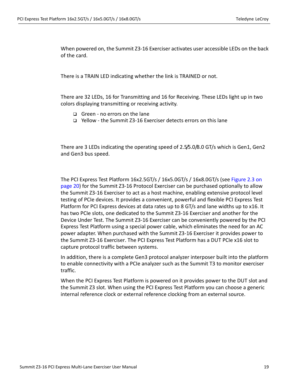 2 leds, Train (training) leds, Transmitter and receiver leds | 3 bus leds | Teledyne LeCroy Summit Z3-16 PCI Express Multi-lane Exerciser User Manual User Manual | Page 19 / 118