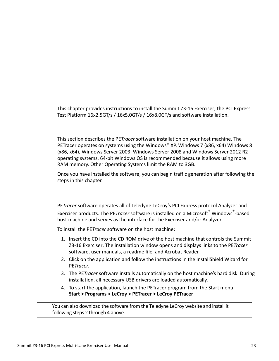Installation, 1 software installation, 1 installing the petracer software | Chapter 3: installation, Chapter 3 | Teledyne LeCroy Summit Z3-16 PCI Express Multi-lane Exerciser User Manual User Manual | Page 23 / 118
