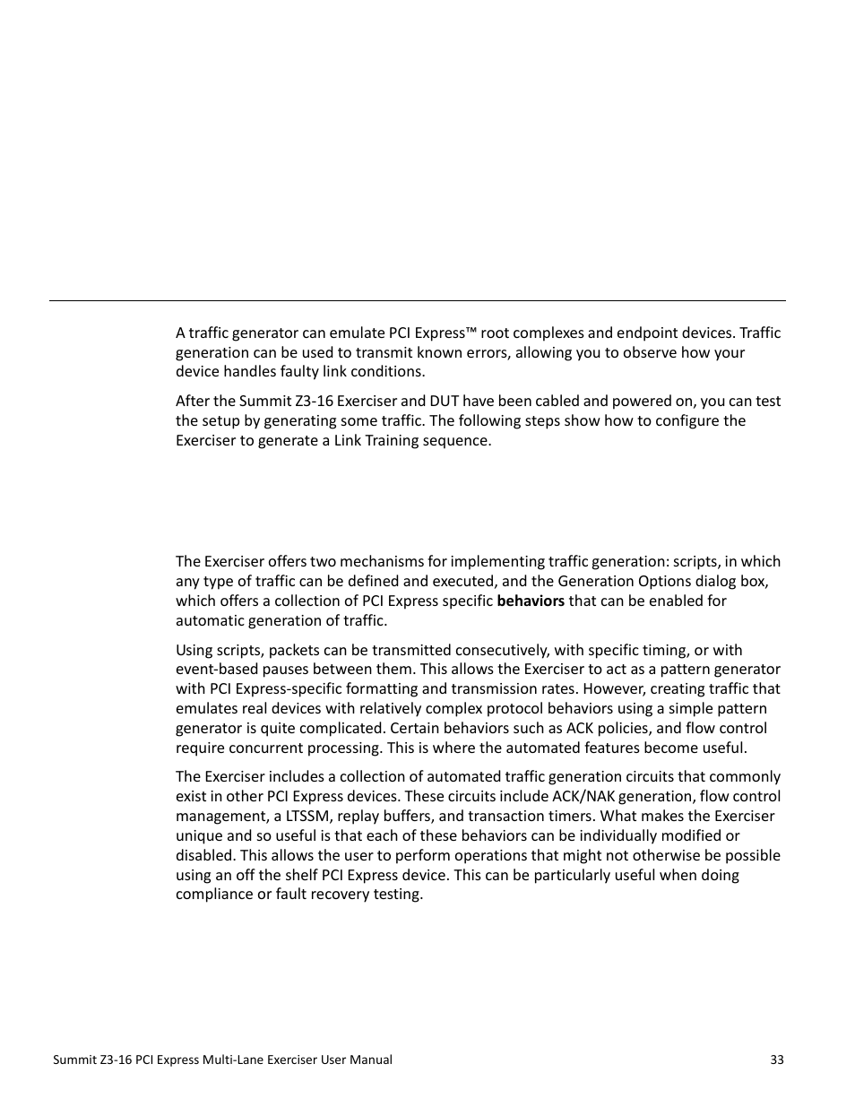 Traffic generation, 1 theory of operation, 1 overview | Chapter 4: traffic generation, Chapter 4 | Teledyne LeCroy Summit Z3-16 PCI Express Multi-lane Exerciser User Manual User Manual | Page 33 / 118