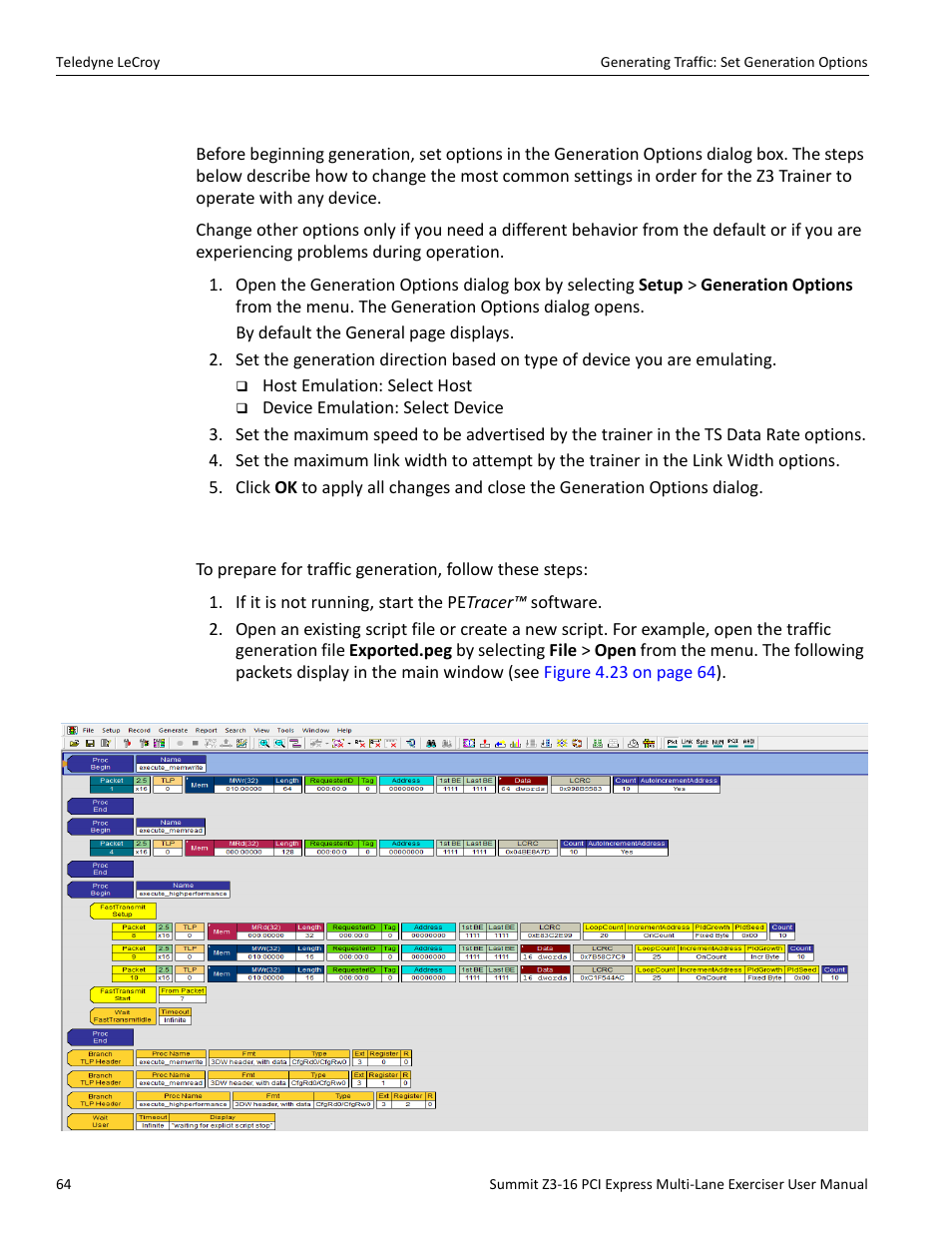 8 generating traffic: set generation options, 9 generating traffic: prepare traffic generation | Teledyne LeCroy Summit Z3-16 PCI Express Multi-lane Exerciser User Manual User Manual | Page 64 / 118