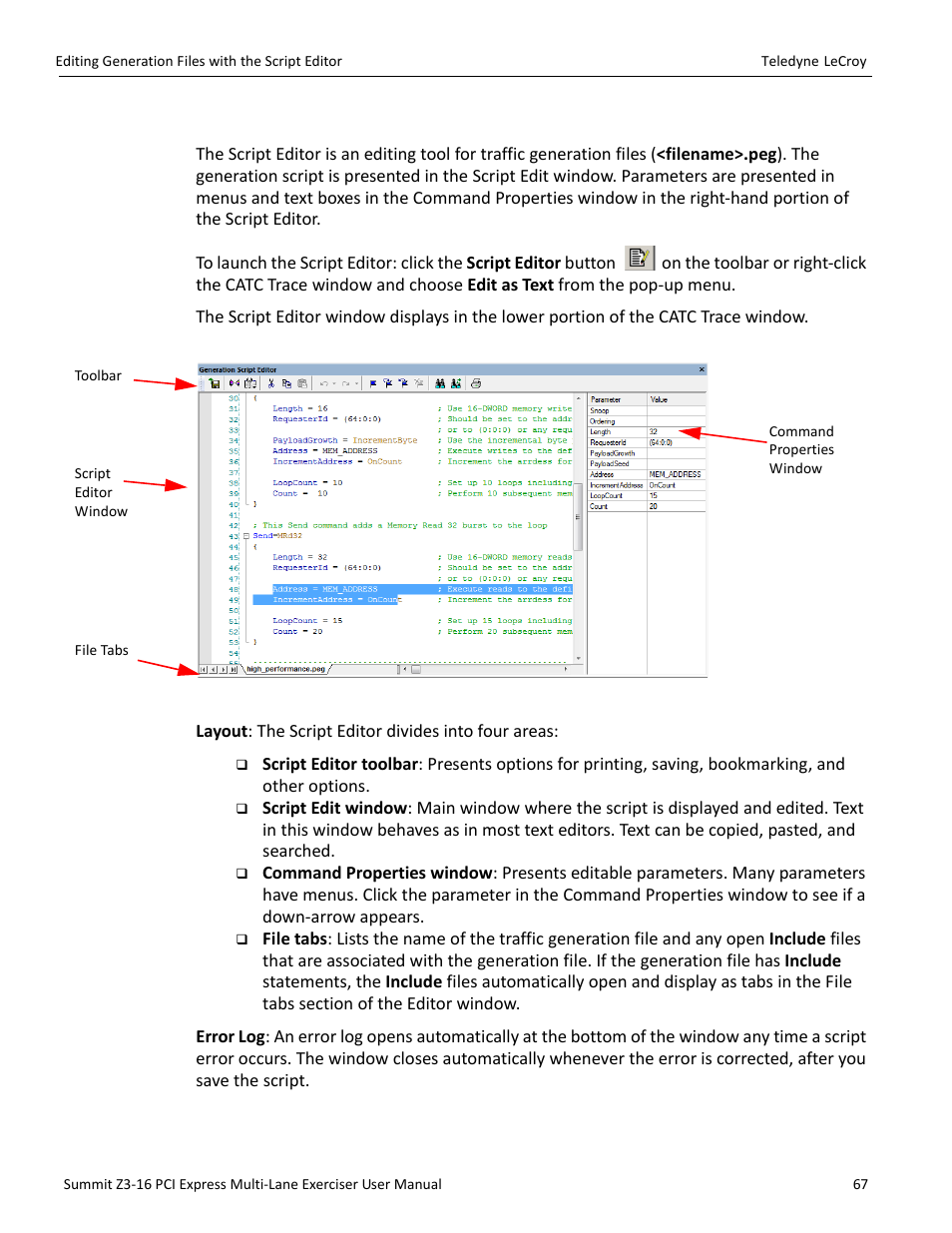 11 editing generation files with the script editor | Teledyne LeCroy Summit Z3-16 PCI Express Multi-lane Exerciser User Manual User Manual | Page 67 / 118